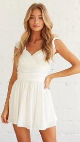 White Surplice Neckline Pleated Mini Dress