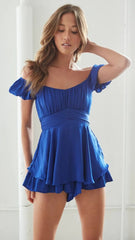 Blue Pleated Waist-Tie Rompers