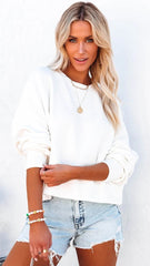 White Solid Boat Neckline Sweatshirt