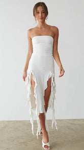 White Strapless Drape Midi Dress