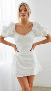 White Elegant Puff Sleeves Mini Dress