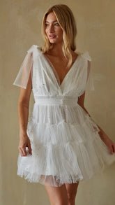 White Tulle Shoulder Tie Mini Dress