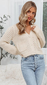 Cream Crochet Knit Buttoned Cardigan