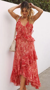 Red Paisley Print Midi Dress