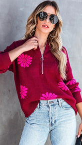 Daizy Floral Zipper Knit Sweater
