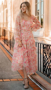 Pink Floral Long Sleeves Midi Dress