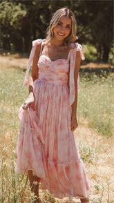 Pink Floral Shouder Tie Midi Dress