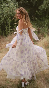 Purple Floral Shouder Tie Tulle Midi Dress