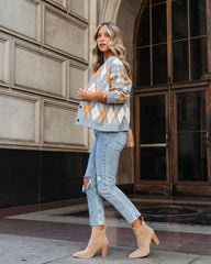 Grey Argyle Print Buttoned Cardigan