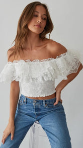 White Ruffled Off Shoulder Crop Top