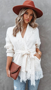 Cream Cable Knit Waist Tie Cardigan
