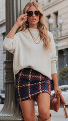 Navy Plaid Tweed Mini Skirt