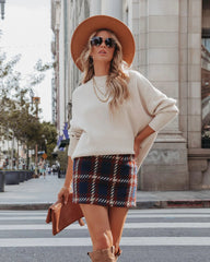 Navy Plaid Tweed Mini Skirt