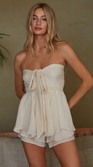 Beige Front Tie Bandeau Rompers
