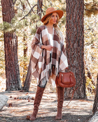 Brown Checkered Print Fringe Poncho