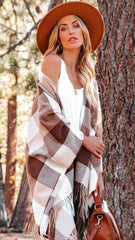 Brown Checkered Print Fringe Poncho