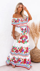 Retro Floral Off Shoulder Maxi Dress