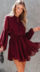 Burgundy Plaid Long Sleeves Dress