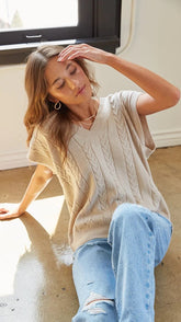 Beige Cable Knit Sweater Vest