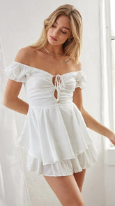 White Off Shoulder Front-Tie Rompers