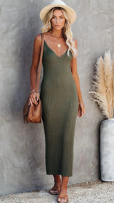 Olive Green Ribbed Knit Midi Dress