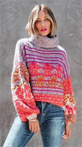 Red Christmas Print Turtleneck Sweater