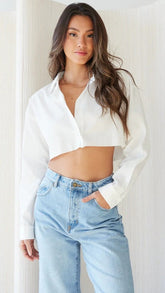 White Long Sleeves Crop Shirt Top