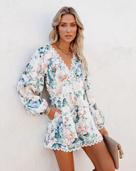 Green Floral Long Sleeves Rompers
