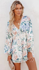 Green Floral Long Sleeves Rompers