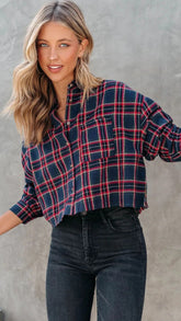 Navy Plaid Print Button Down Top