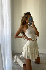 Beige Solid Ruffle Mini Skort