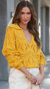 Yellow Crochet Knit Pullover Top