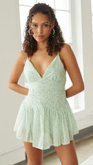 Green Floral Sleeveless Rompers