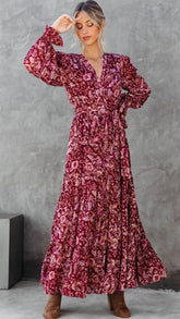 Fucshia Floral Long Sleeves Midi Dress