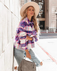 Purple Plaid Print Buttoned Jacket
