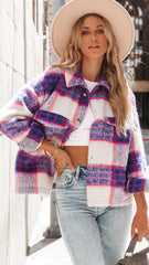 Purple Plaid Print Buttoned Jacket