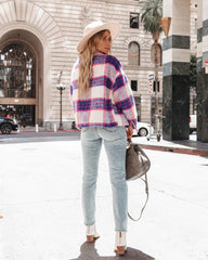 Purple Plaid Print Buttoned Jacket