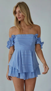 Blue Off Shoulder Rompers