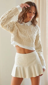 Beige Cable Knit Crop Sweater