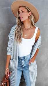 Grey Ribbed Knit Cardigan