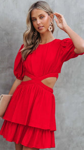 Red Cutout Waist Mini Dress