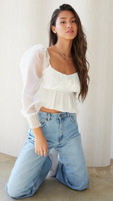 White Long Mesh Sleeves Crop Top