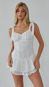 White Shoulder Tie Sleeveless Rompers