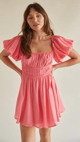 Pink Pleated Square Neckline Mini Dress