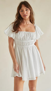 White Pleated Square Neckline Mini Dress