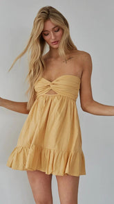 Yellow Front Twist Strapless Mini Dress