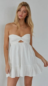 White Front Twist Strapless Mini Dress