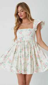 Beige Floral Square Neckline Mini Dress