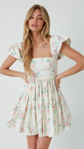 Pink Floral Square Neckline Mini Dress