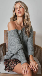 Grey Crochet Knit Slouchy Sweater